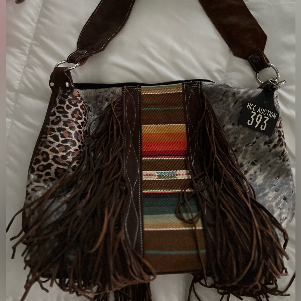 Holy Cow Couture Designer Serape and Acid Leopard fringe purse